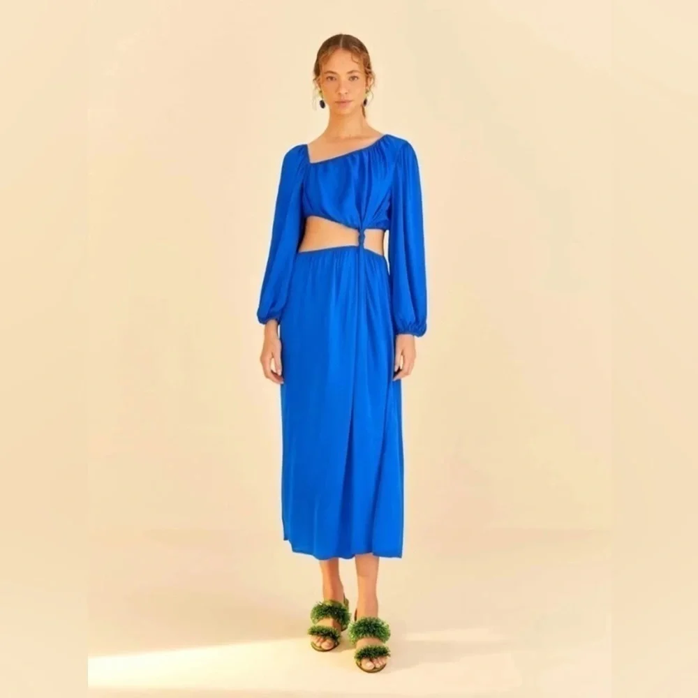 Farm Rio Blue Satin Cutout Midi Dress - Picture 1 of 7